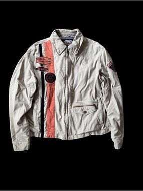 Harley Davidson Full Zip Jacket Men Medium Khaki Embroidered Biker Racing Moto